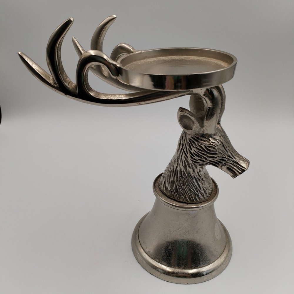 Silver Stag Head Pillar Candle Holder Metal‎ Antler Pedestal Lodge Christmas 9"